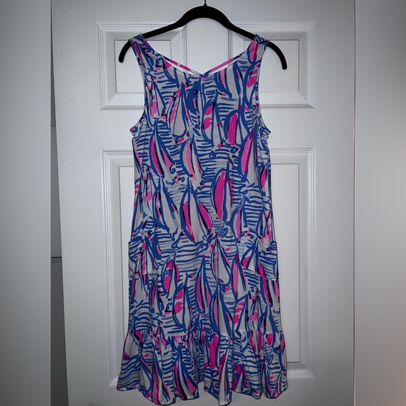 NWOT UNICORN Kristen Flounce Dress in Blue Haven pop up red right return - Picture 1 of 11